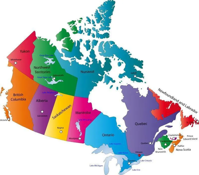 Colour-coded map of Canada showing its 10 provinces and 3 territories with their capital cities